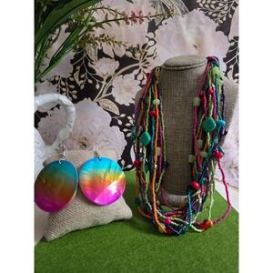 80s Boho Multi Strand Seed Bead Necklace & Rainbow Iridescent Shell Earrings Set